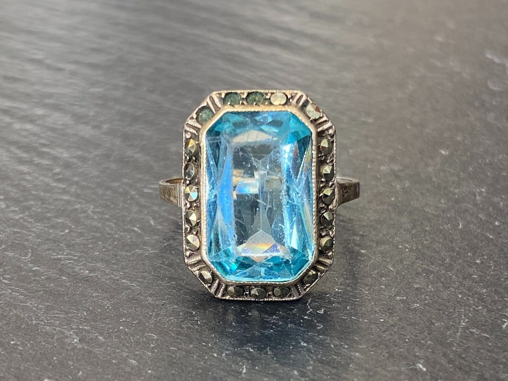 Antiker Art Deco Ring Silber 835 mit Blauem Glasstein und Markasiten