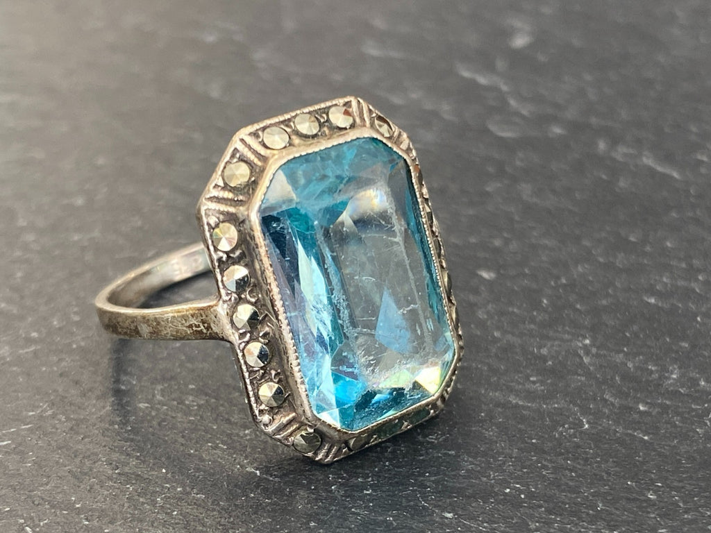 Antiker Art Deco Ring Silber 835 mit Blauem Glasstein und Markasiten