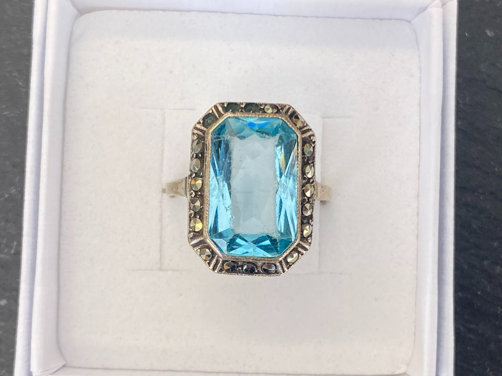 Antiker Art Deco Ring Silber 835 mit Blauem Glasstein und Markasiten