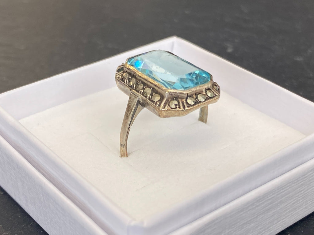 Antiker Art Deco Ring Silber 835 mit Blauem Glasstein und Markasiten