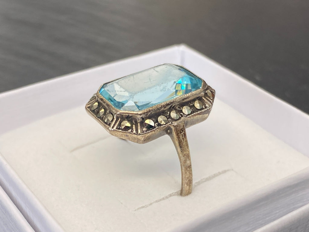 Antiker Art Deco Ring Silber 835 mit Blauem Glasstein und Markasiten