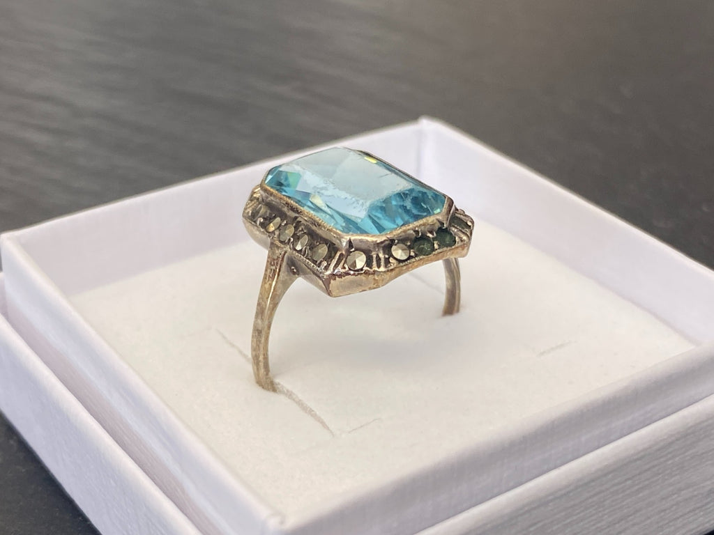 Antiker Art Deco Ring Silber 835 mit Blauem Glasstein und Markasiten