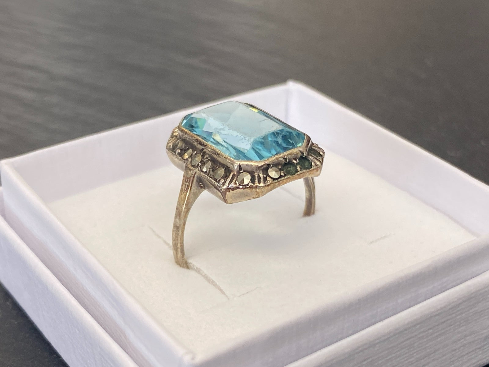 Antiker Art Deco Ring Silber 835 mit Blauem Glasstein und Markasiten
