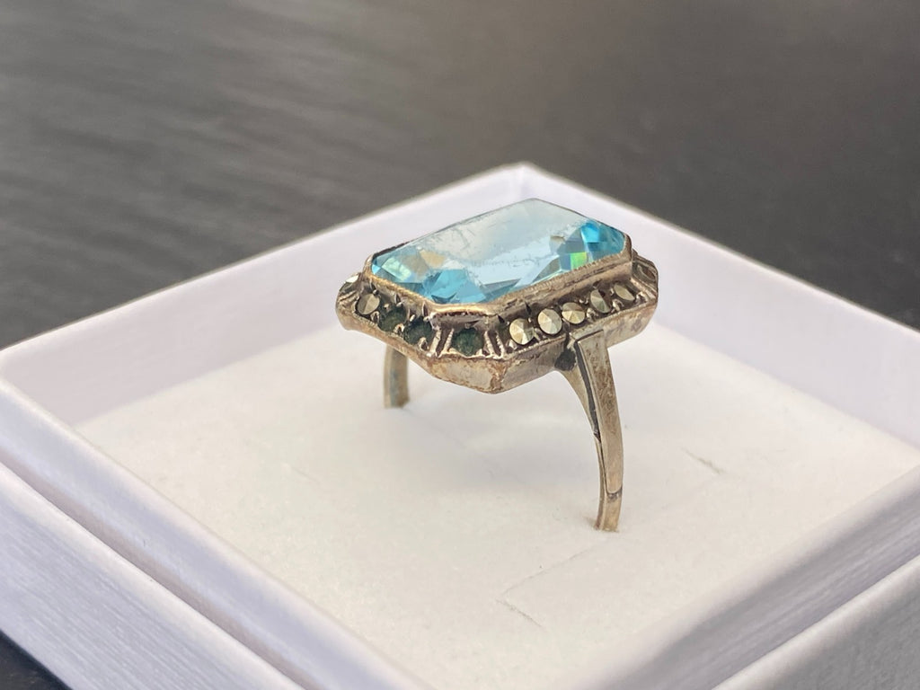 Antiker Art Deco Ring Silber 835 mit Blauem Glasstein und Markasiten