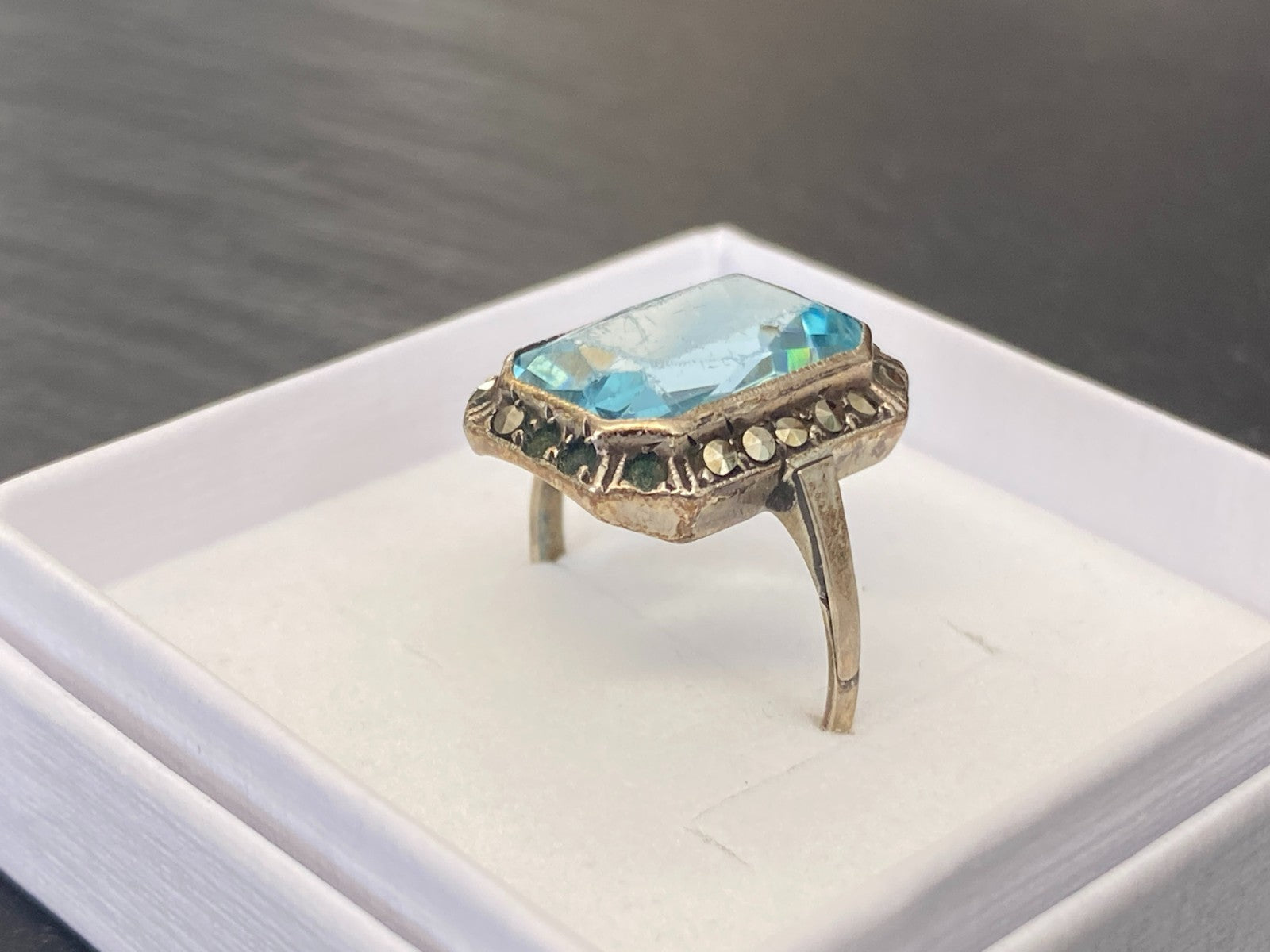 Antiker Art Deco Ring Silber 835 mit Blauem Glasstein und Markasiten