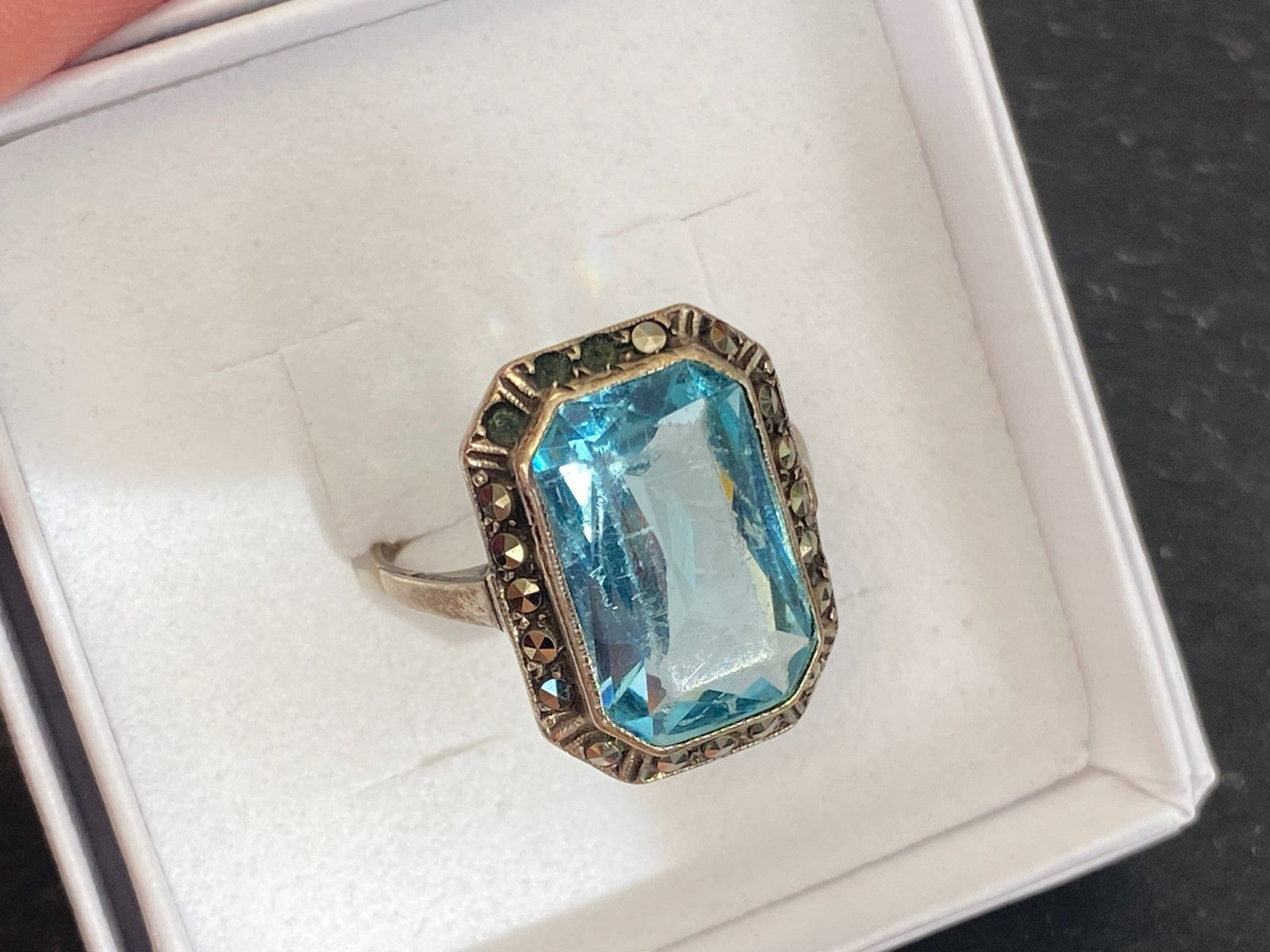 Antiker Art Deco Ring Silber 835 mit Blauem Glasstein und Markasiten