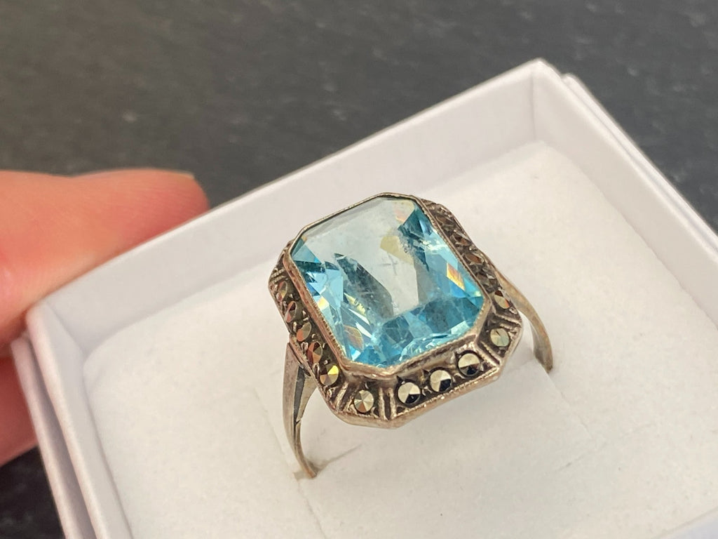 Antiker Art Deco Ring Silber 835 mit Blauem Glasstein und Markasiten