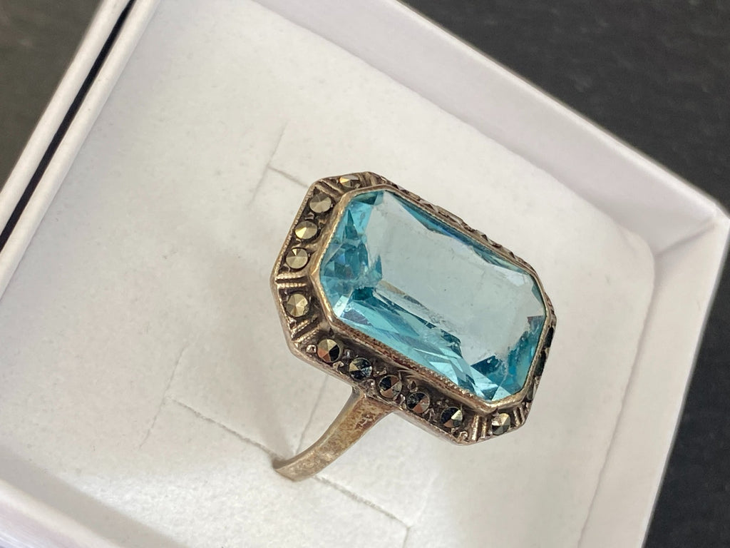 Antiker Art Deco Ring Silber 835 mit Blauem Glasstein und Markasiten