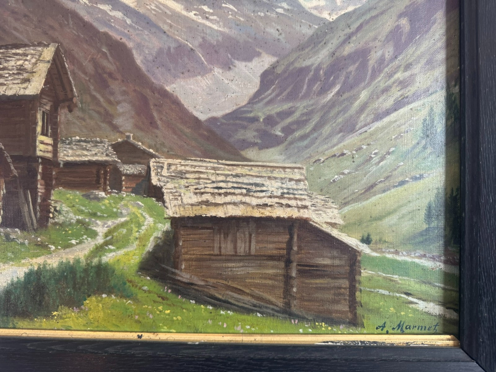 Ölgemälde Bauernhof vor Gebirge Landschaft signiert A. Marmet