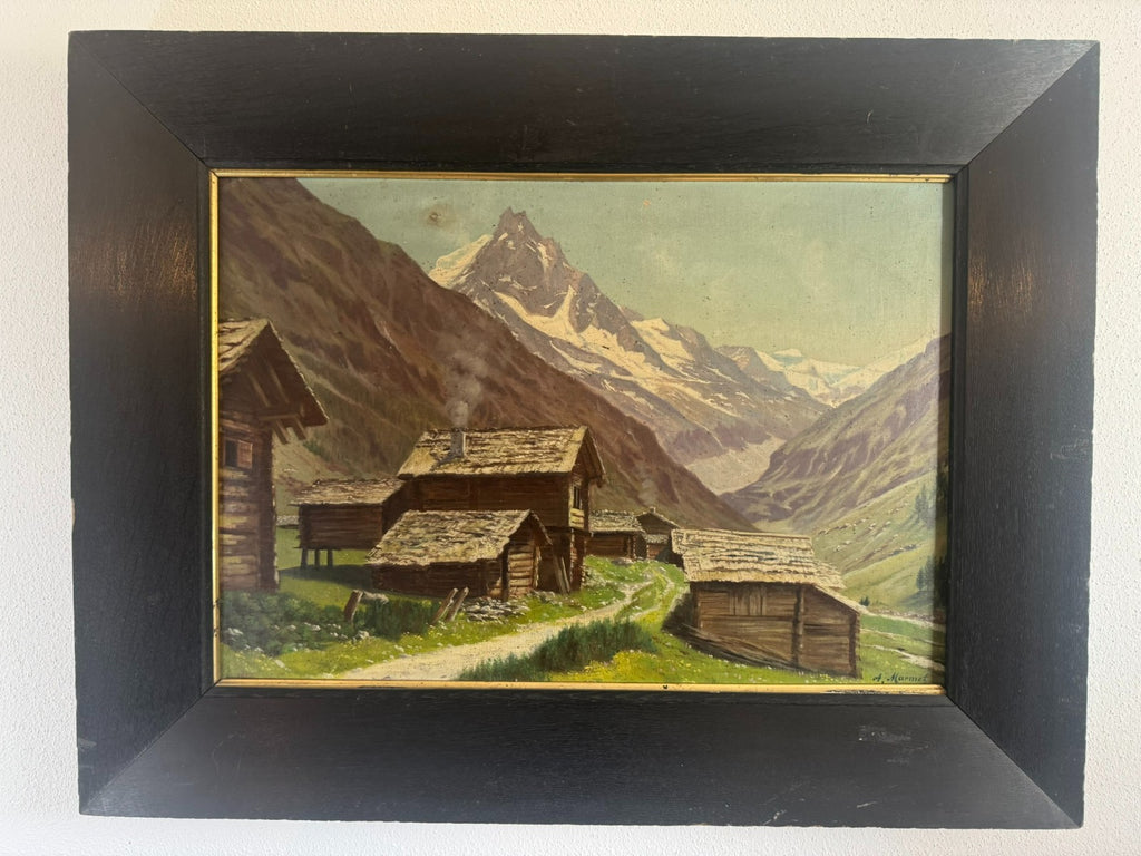 Ölgemälde Bauernhof vor Gebirge Landschaft signiert A. Marmet