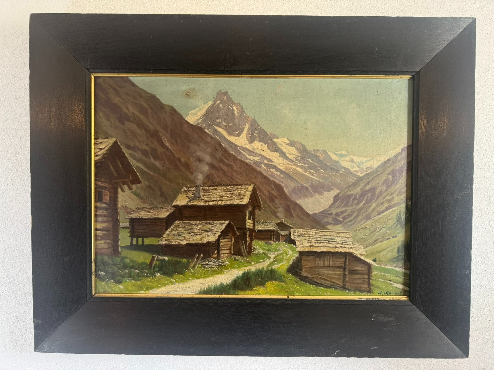 Ölgemälde Bauernhof vor Gebirge Landschaft signiert A. Marmet