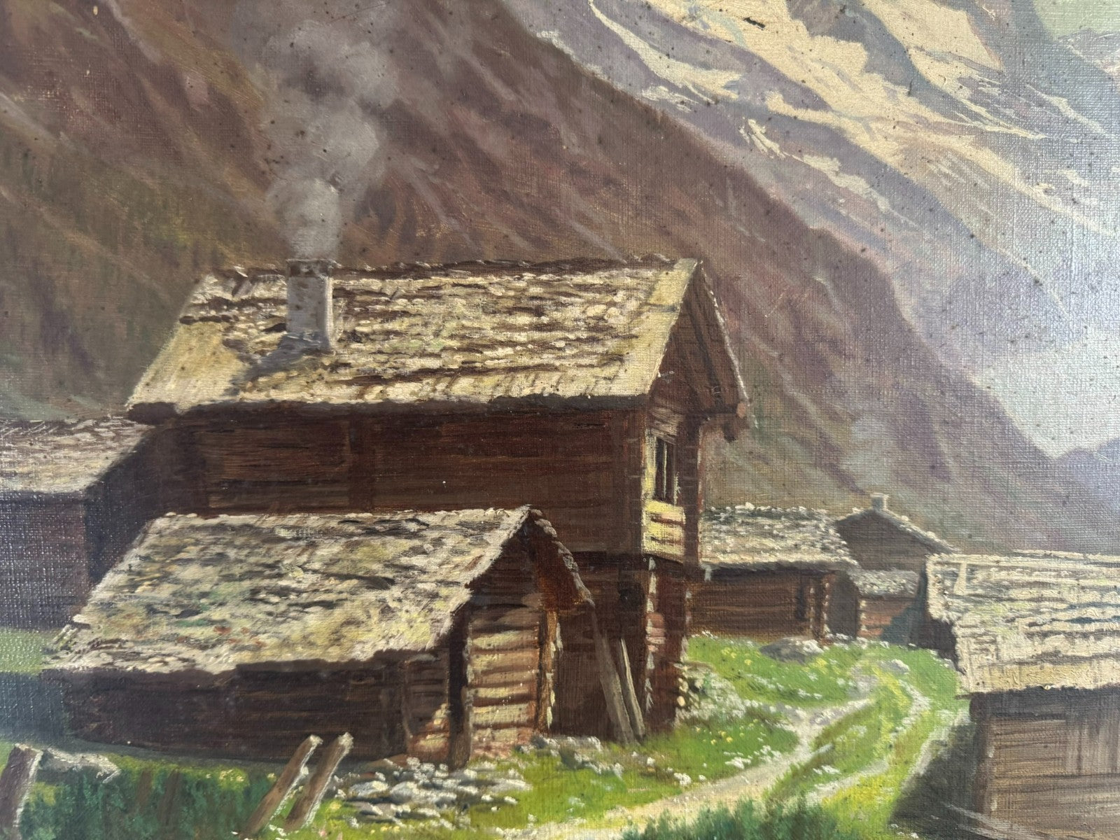 Ölgemälde Bauernhof vor Gebirge Landschaft signiert A. Marmet