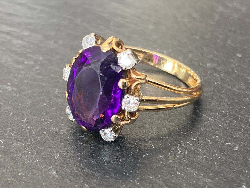 ENTOURAGE RING DAMENRING GELB GOLD 18K 750 0.48ct DIAMANTEN UND AMETHYST GR. 63