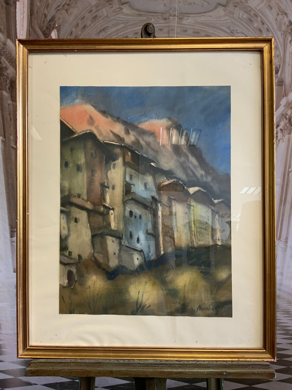 Gottfried Moroder (1921-2016) Aquarell Dorf Häuserzeile vor Gebirge