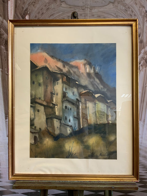 Gottfried Moroder (1921-2016) Aquarell Dorf Häuserzeile vor Gebirge