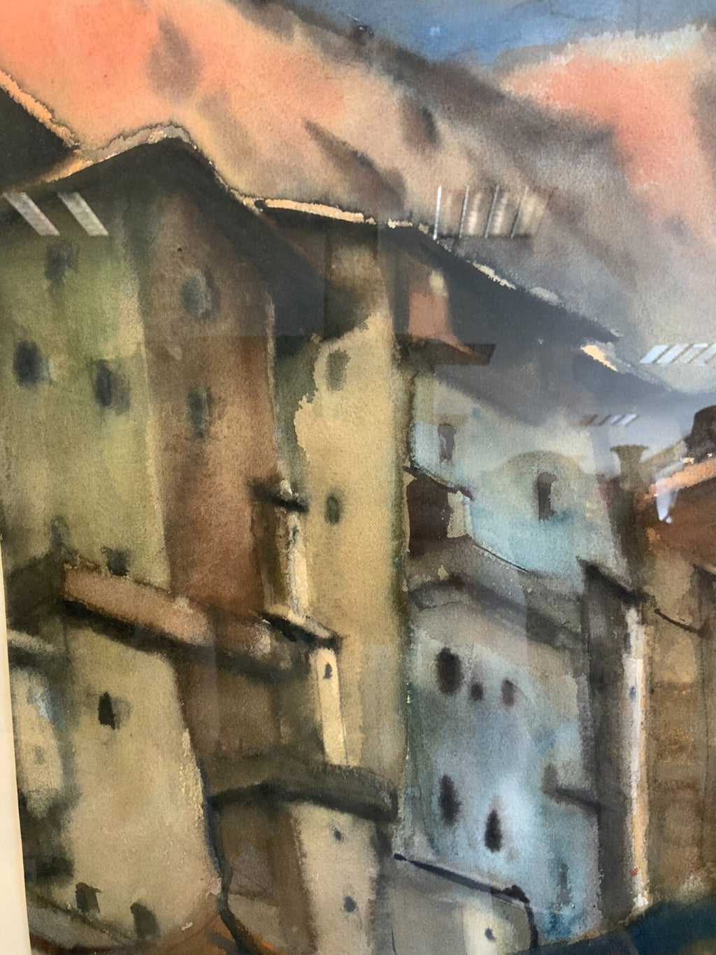 Gottfried Moroder (1921-2016) Aquarell Dorf Häuserzeile vor Gebirge
