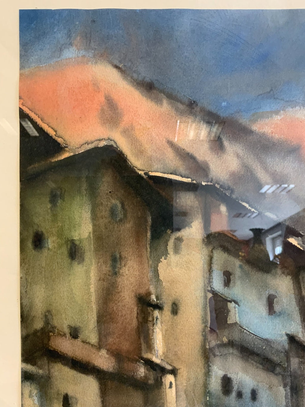 Gottfried Moroder (1921-2016) Aquarell Dorf Häuserzeile vor Gebirge