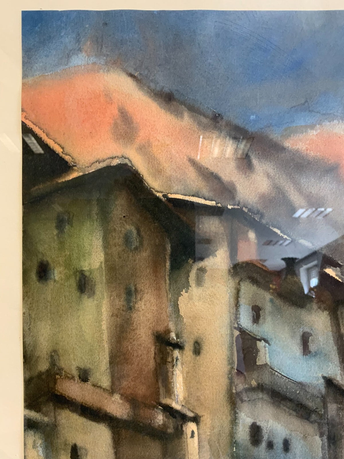 Gottfried Moroder (1921-2016) Aquarell Dorf Häuserzeile vor Gebirge