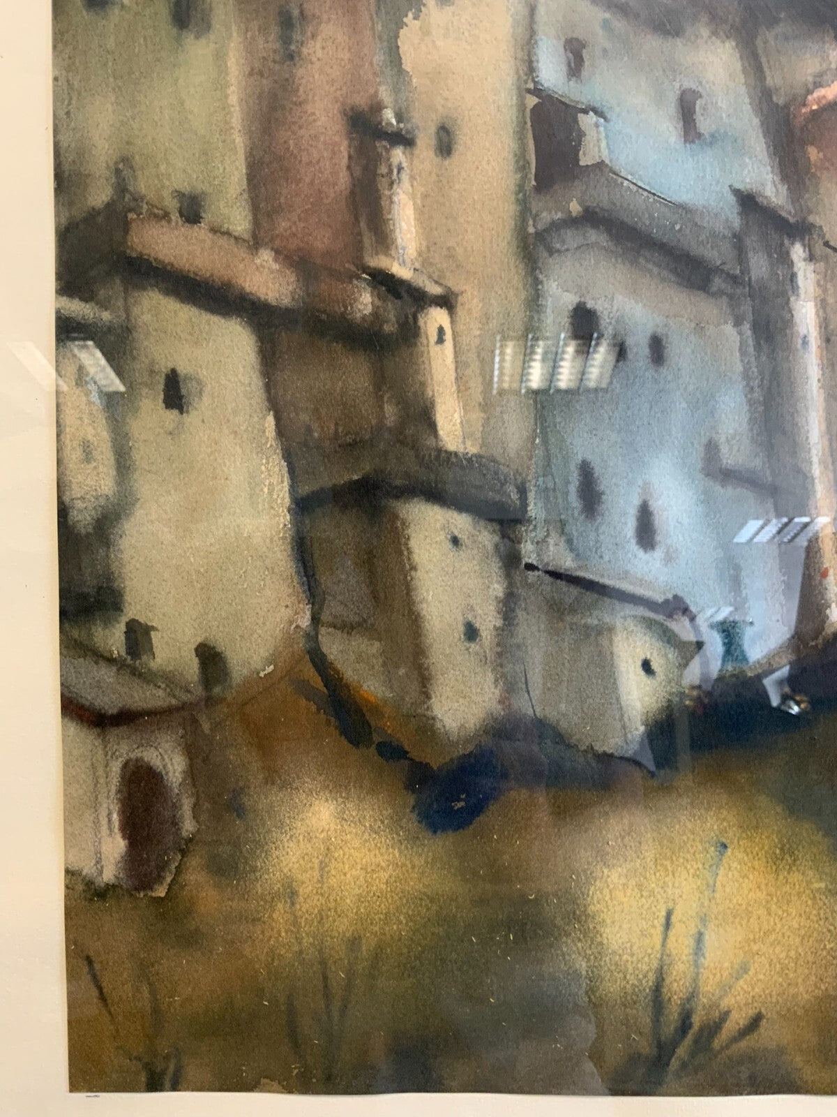 Gottfried Moroder (1921-2016) Aquarell Dorf Häuserzeile vor Gebirge