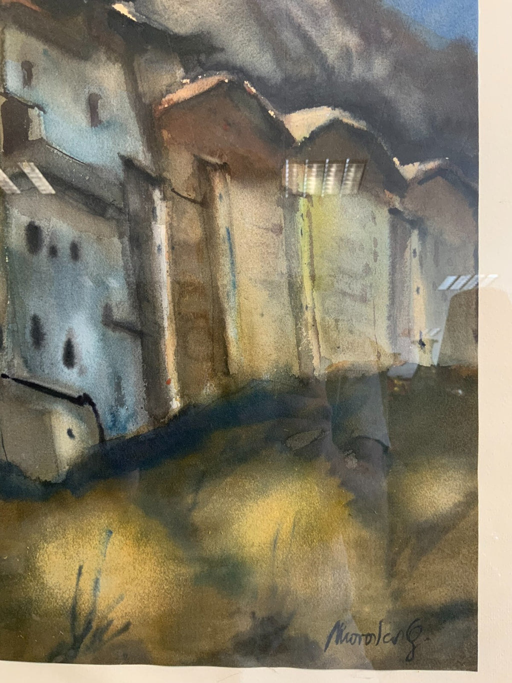 Gottfried Moroder (1921-2016) Aquarell Dorf Häuserzeile vor Gebirge
