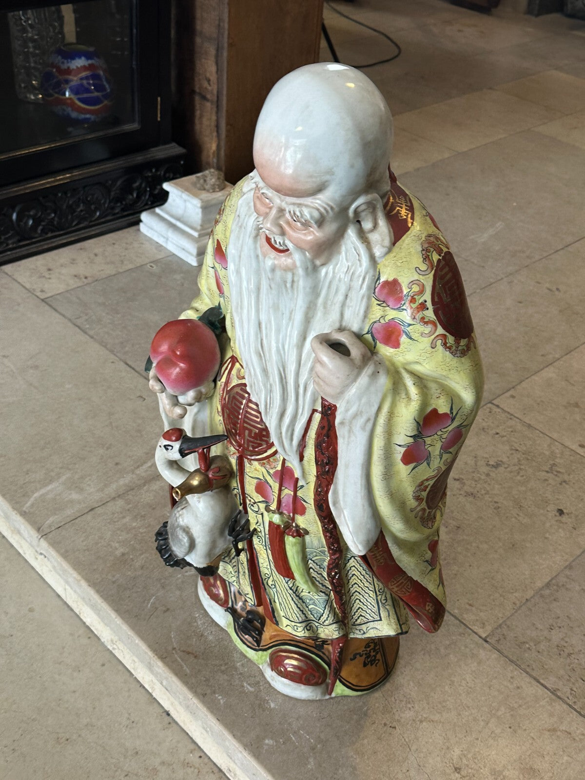 Grosse Porzellan Figur China Gelehrter mit Kranich handbemalt 70cm