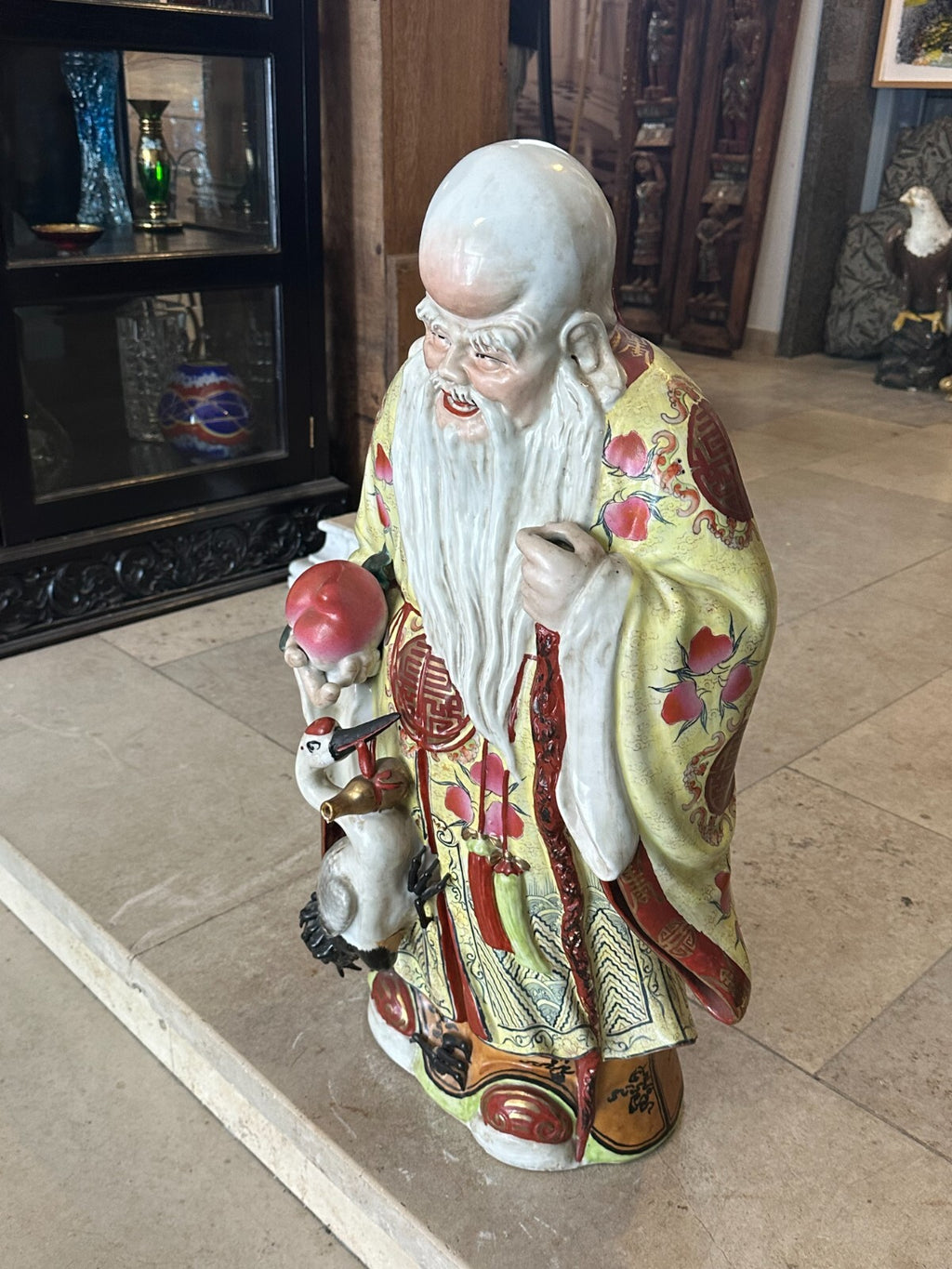Grosse Porzellan Figur China Gelehrter mit Kranich handbemalt 70cm