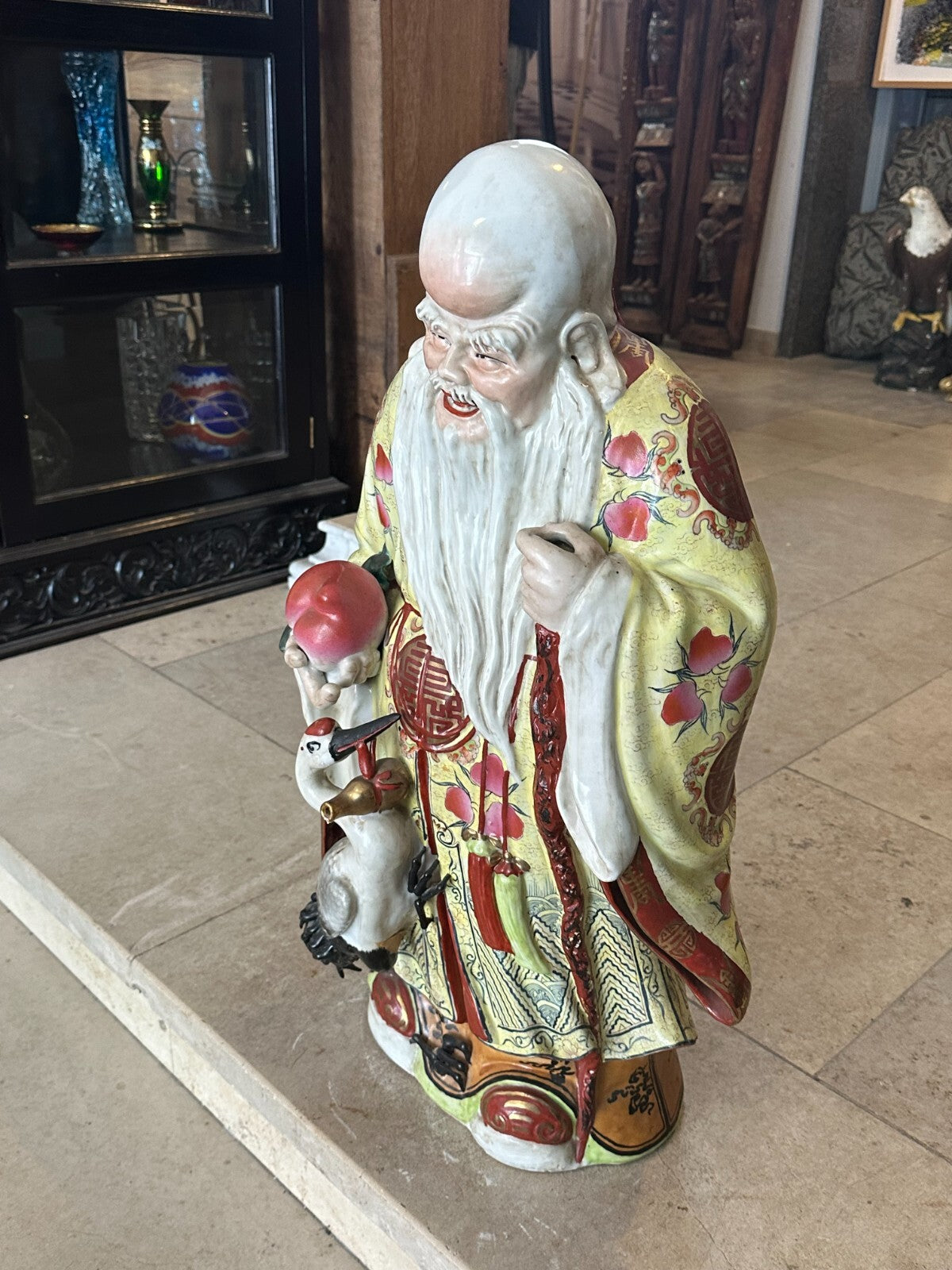 Grosse Porzellan Figur China Gelehrter mit Kranich handbemalt 70cm