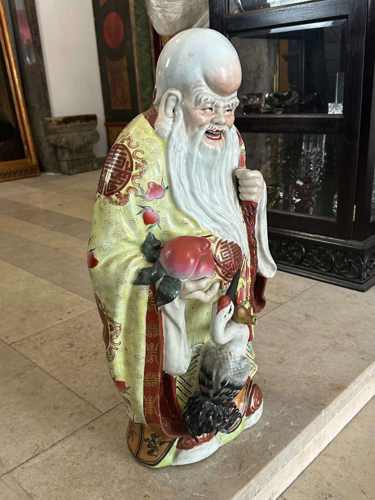 Grosse Porzellan Figur China Gelehrter mit Kranich handbemalt 70cm