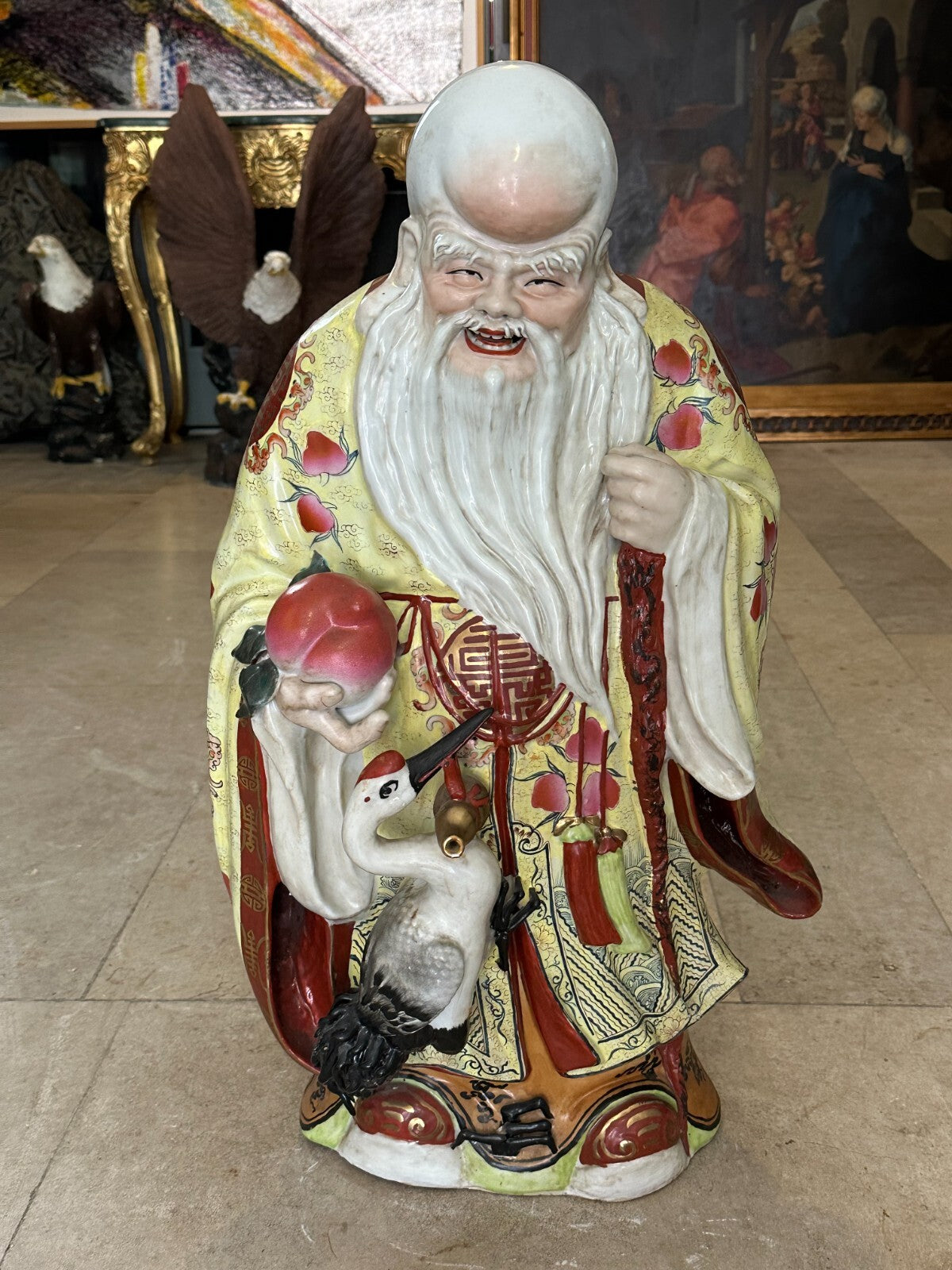 GROSSE PORZELLAN FIGUR CHINA GELEHRTER MIT KRANICH HANDBEMALT 70cm