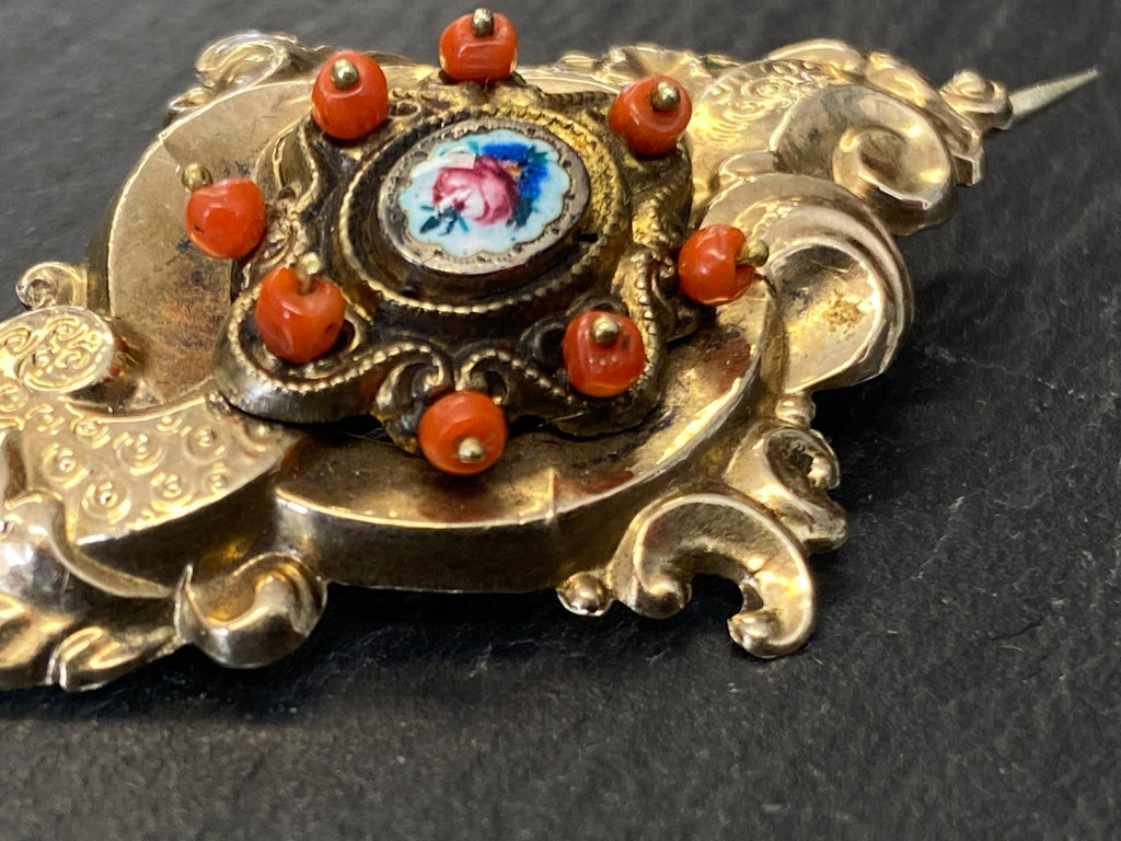 Antike Brosche 19 tes Jhdt 12K Gold mit Karneol / Koralle