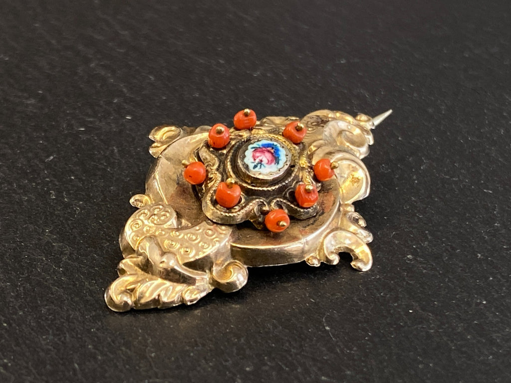 Antike Brosche 19 tes Jhdt 12K Gold mit Karneol / Koralle