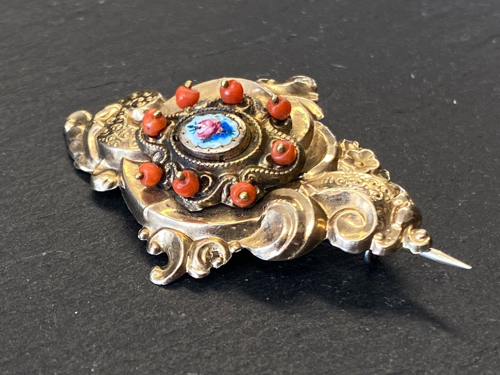 Antike Brosche 19 tes Jhdt 12K Gold mit Karneol / Koralle