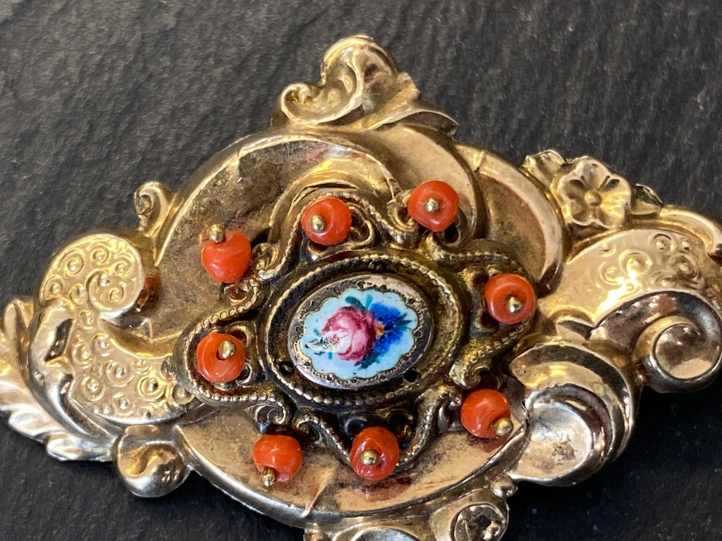 Antike Brosche 19 tes Jhdt 12K Gold mit Karneol / Koralle