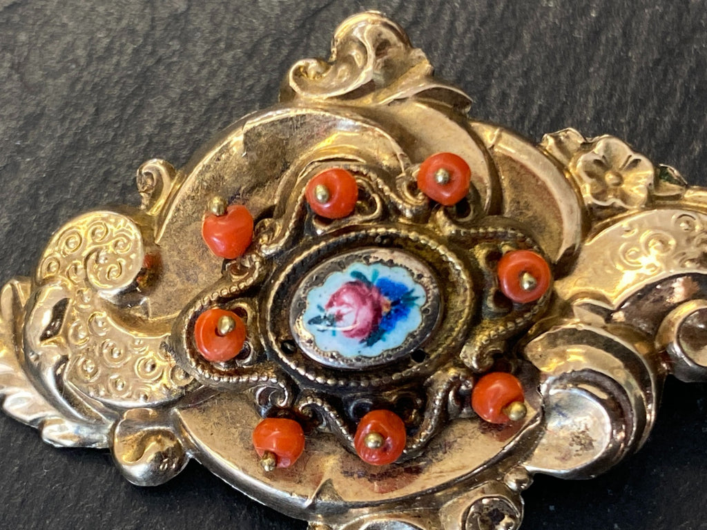 Antike Brosche 19 tes Jhdt 12K Gold mit Karneol / Koralle