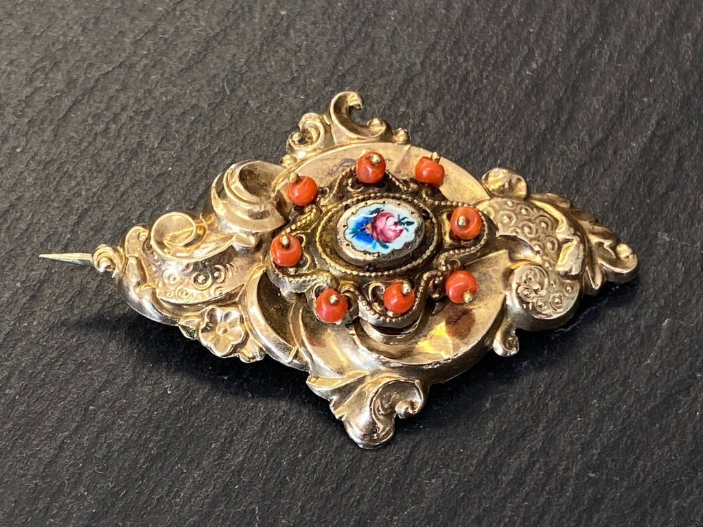 Antike Brosche 19 tes Jhdt 12K Gold mit Karneol / Koralle