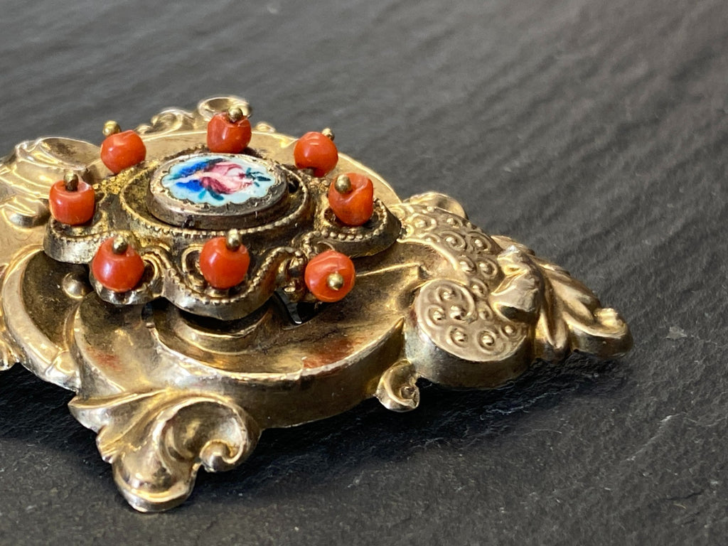 Antike Brosche 19 tes Jhdt 12K Gold mit Karneol / Koralle