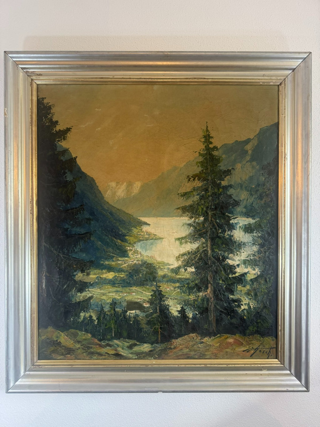 Antikes Ölgemälde Landschaft See vor Gebirge signiert Hans Hösch