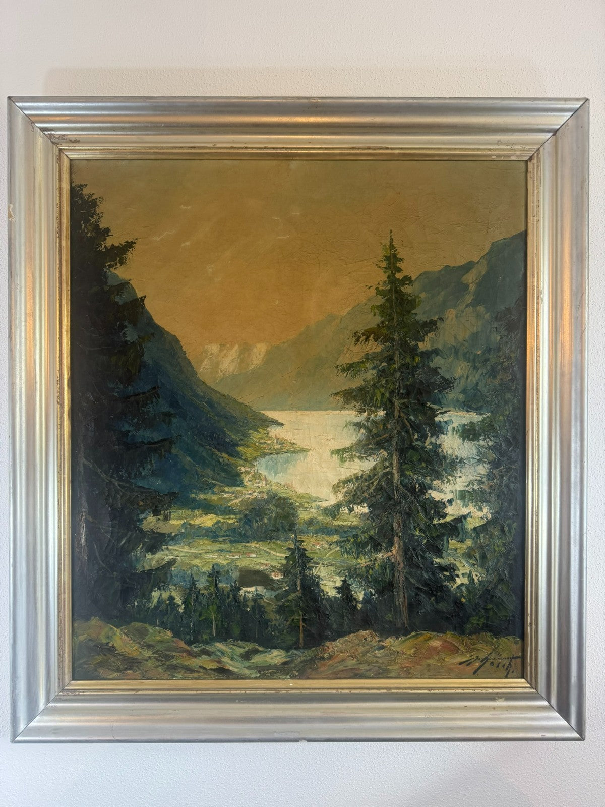 Antikes Ölgemälde Landschaft See vor Gebirge signiert Hans Hösch