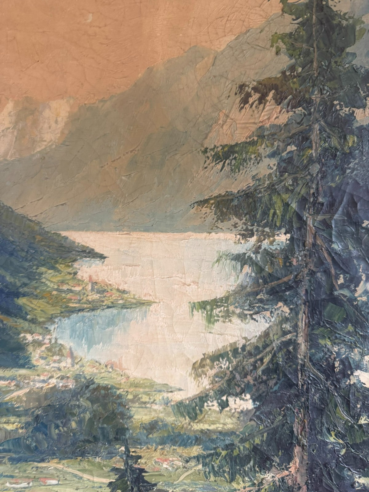 Antikes Ölgemälde Landschaft See vor Gebirge signiert Hans Hösch