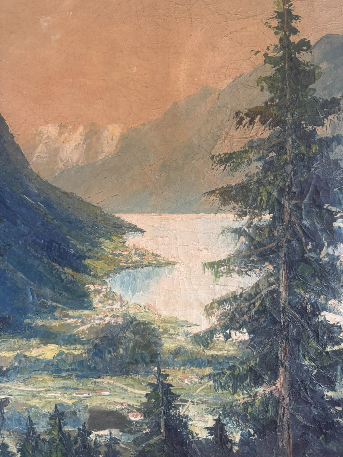 Antikes Ölgemälde Landschaft See vor Gebirge signiert Hans Hösch