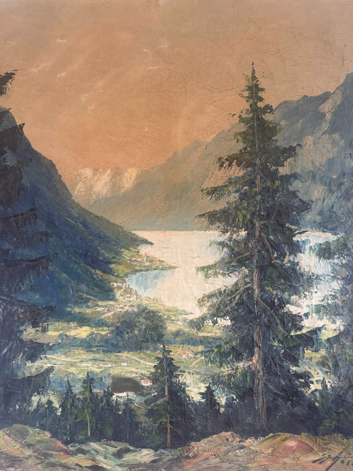 ANTIKES ÖLGEMÄLDE LANDSCHAFT SEE VOR GEBIRGE SIGNIERT HANS HÖSCH