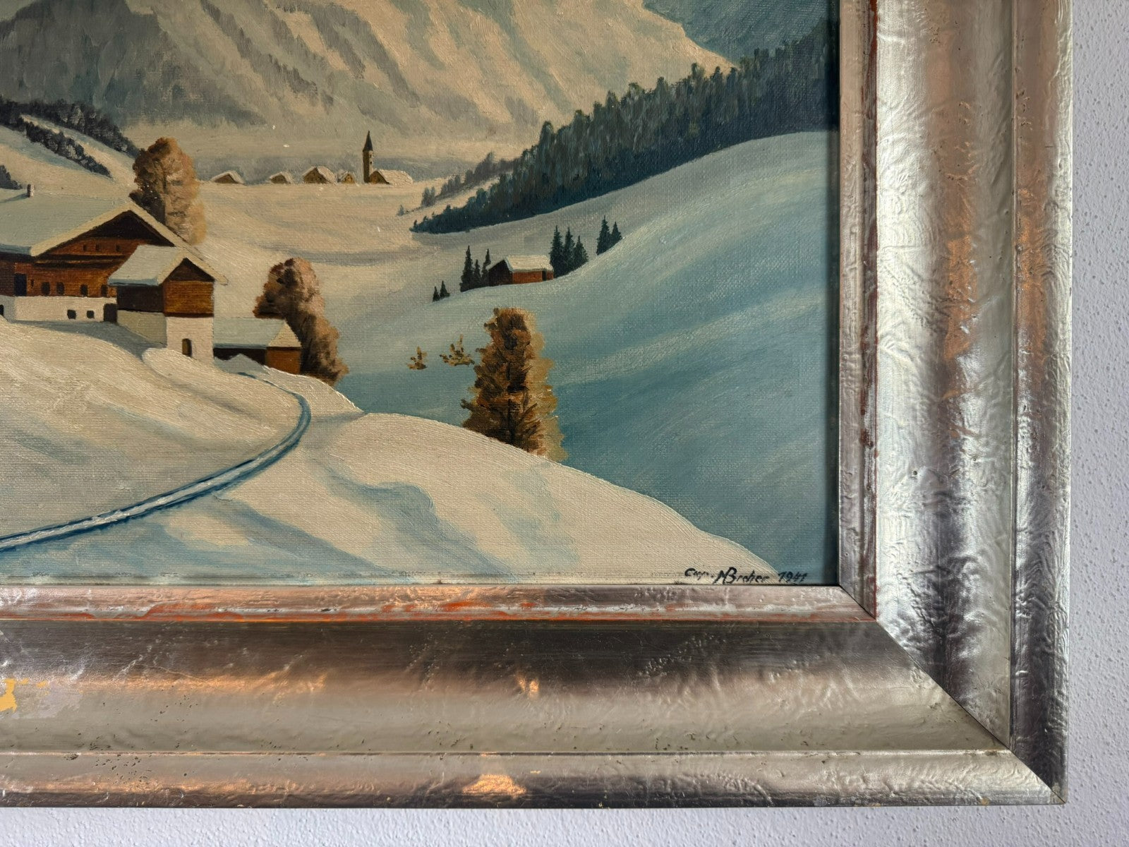 Antikes Ölgemälde Landschaft im Winter signiert M Breher 1941
