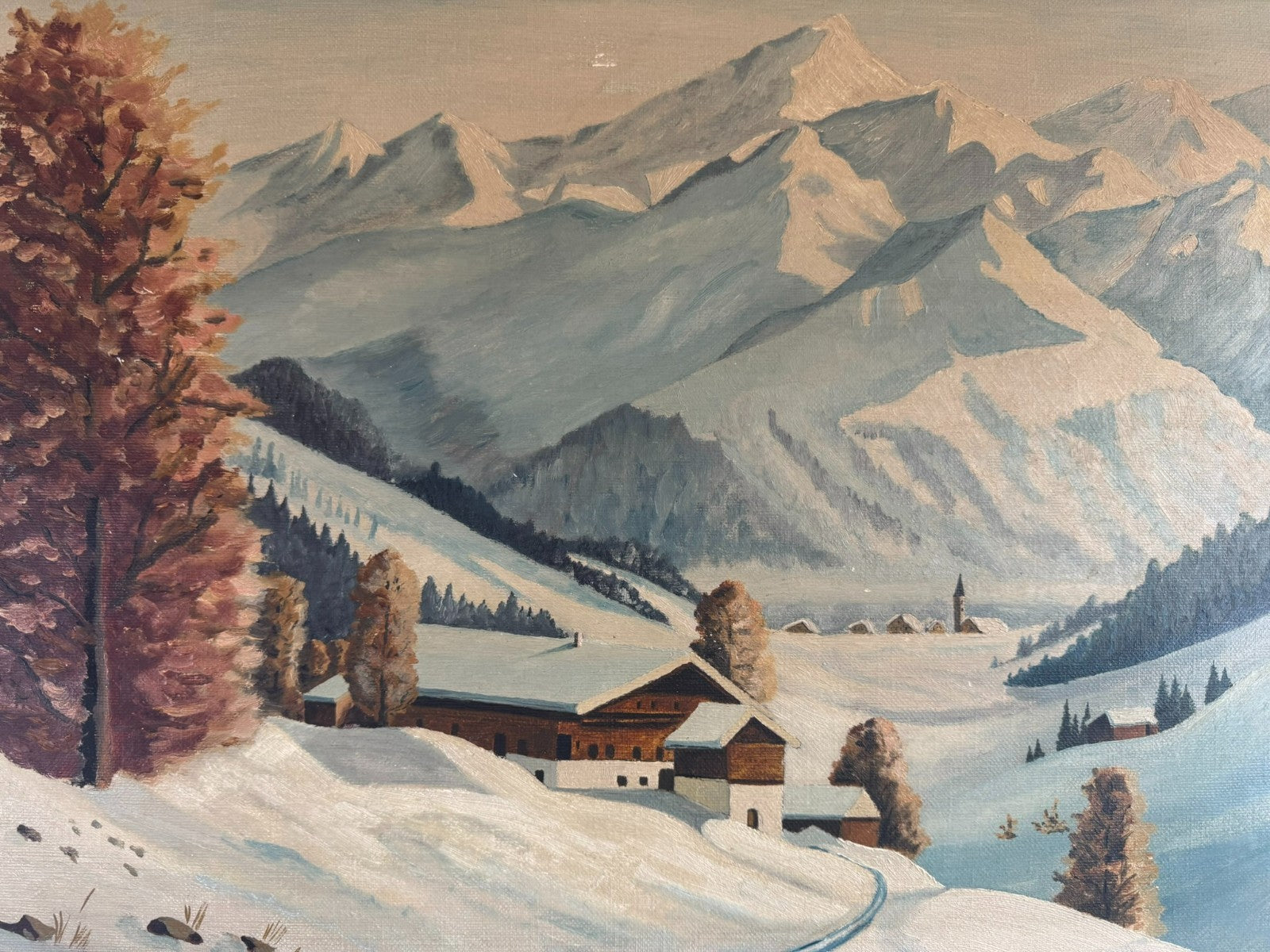 Antikes Ölgemälde Landschaft im Winter signiert M Breher 1941