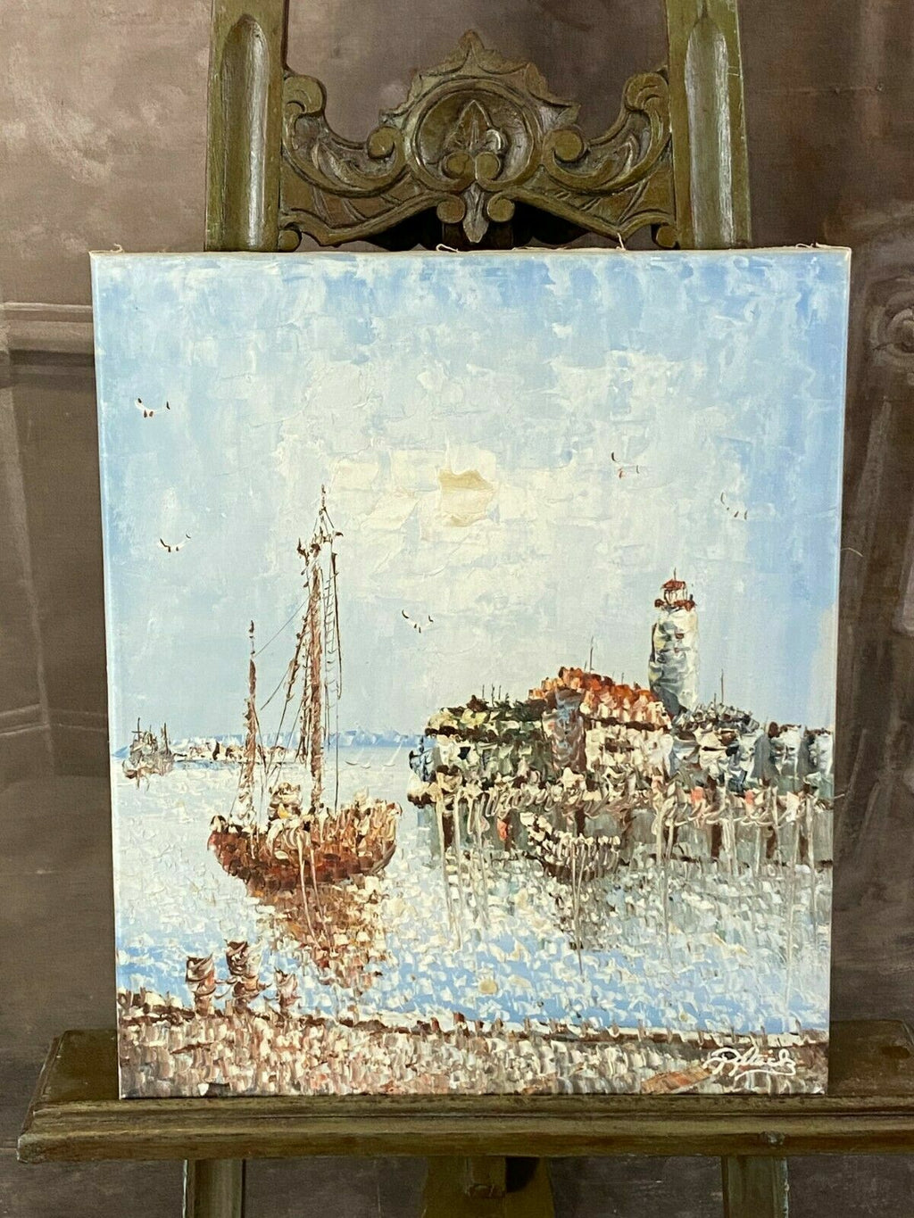 Ölgemälde Hafen Landschaft signiert Impressionistisches Gemälde Seefahrt