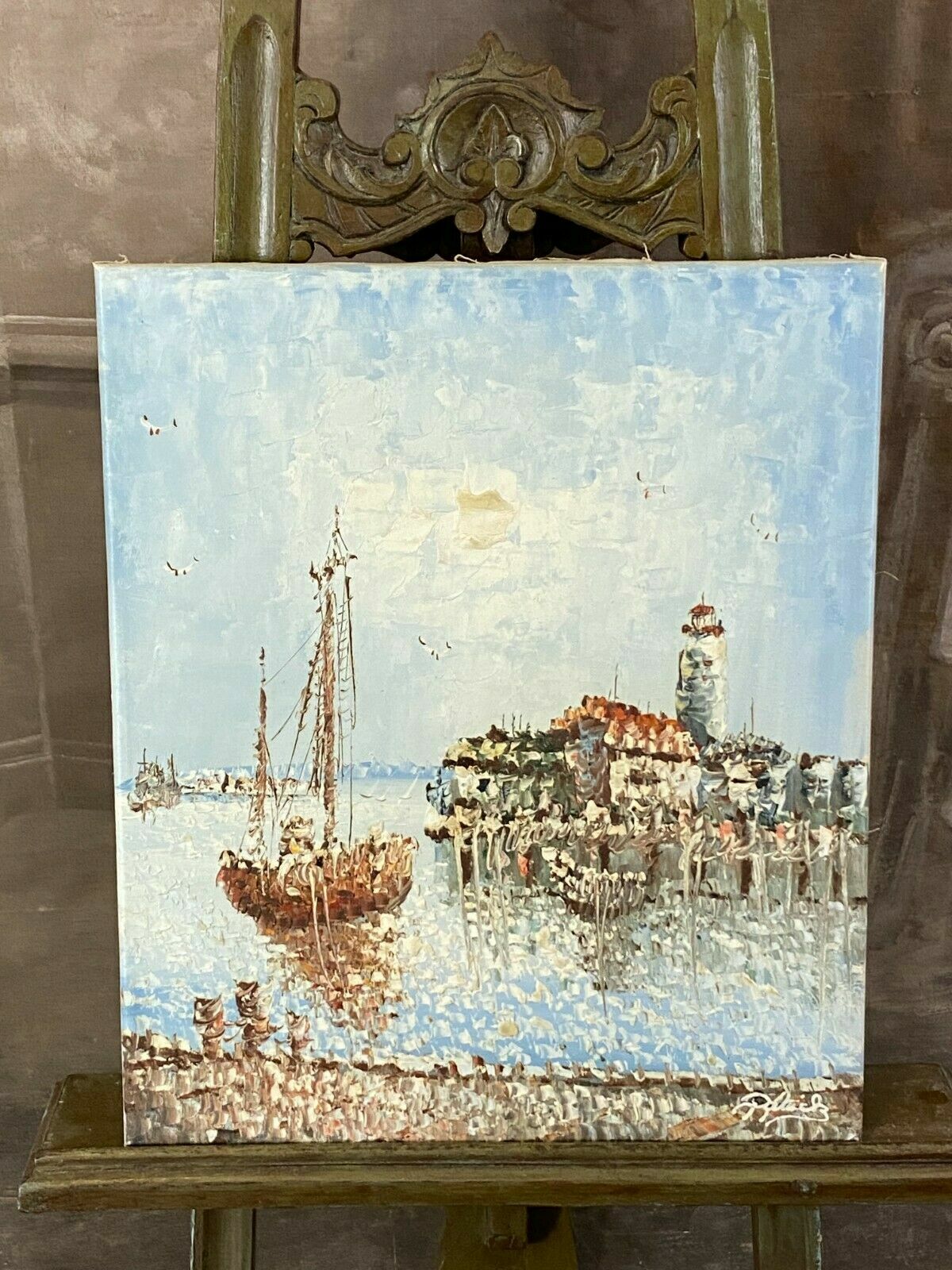Ölgemälde Hafen Landschaft signiert Impressionistisches Gemälde Seefahrt