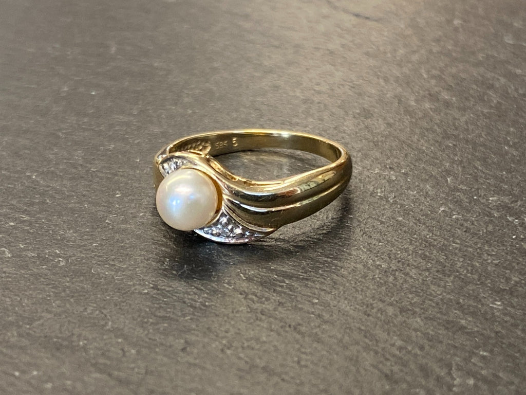 ELEGANTER PERLENRING RING GELBGOLD 585 MIT PERLE UND DIAMANTEN GRÖSSE 53