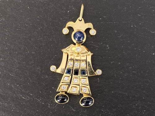 Harlekin Anhänger Gold 14K 10,12g Diamanten 0.37ct und Saphire 1.39ct