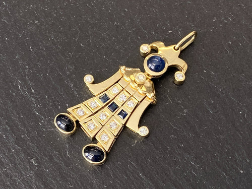 Harlekin Anhänger Gold 14K 10,12g Diamanten 0.37ct und Saphire 1.39ct