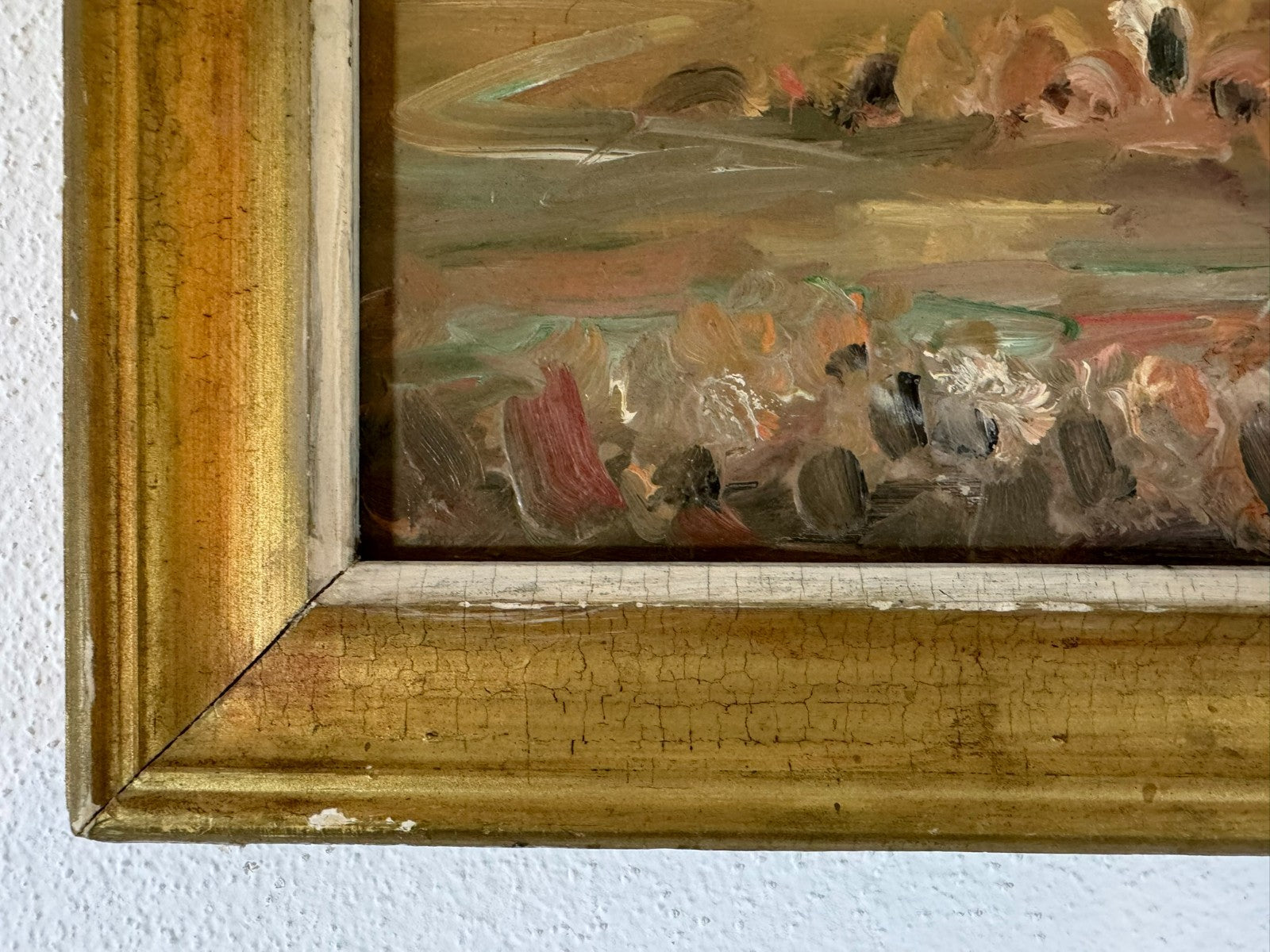 Ölgemälde Landschaft mit Personen bei der Feldarbeit signiert