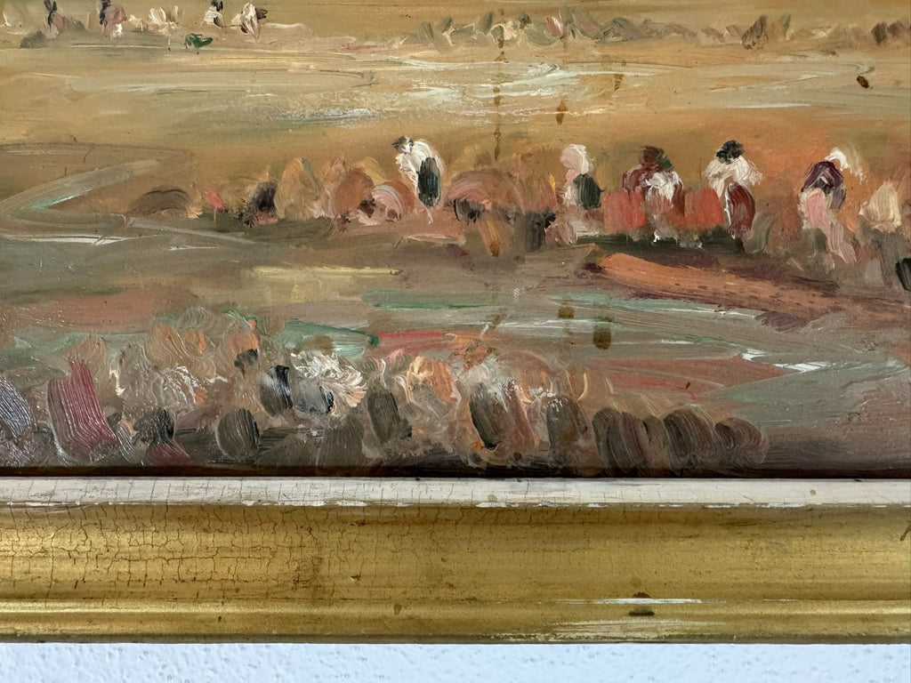 Ölgemälde Landschaft mit Personen bei der Feldarbeit signiert
